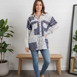POL Women's Patchwork Star Dream Button Front Top - Large NWOT